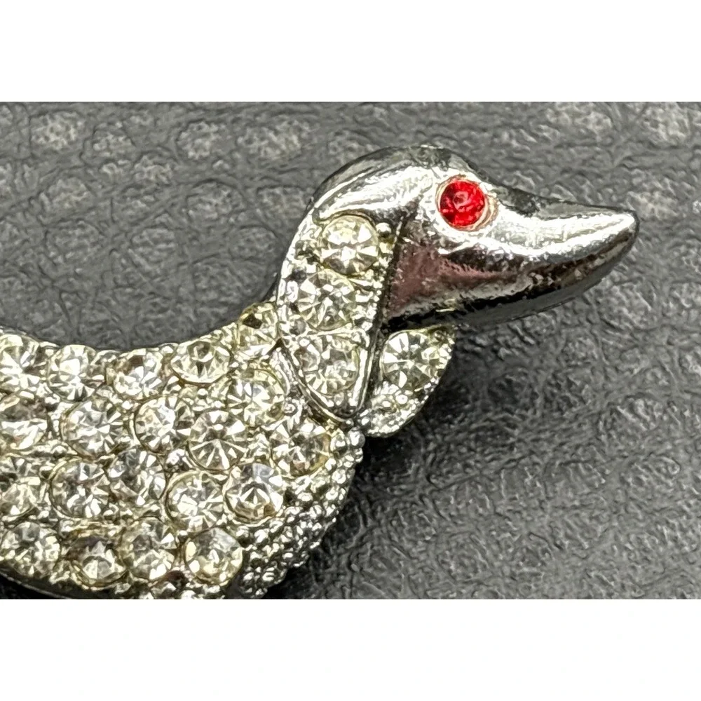 Vintage Dachshund Dog Brooch Pin Crystal Rhinestone Silver Tone Red Eye